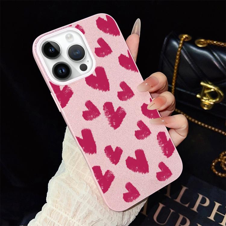For iPhone 12 Pro Rose Red Hearts Pattern IMD Glitter PC Hybrid TPU Phone Case