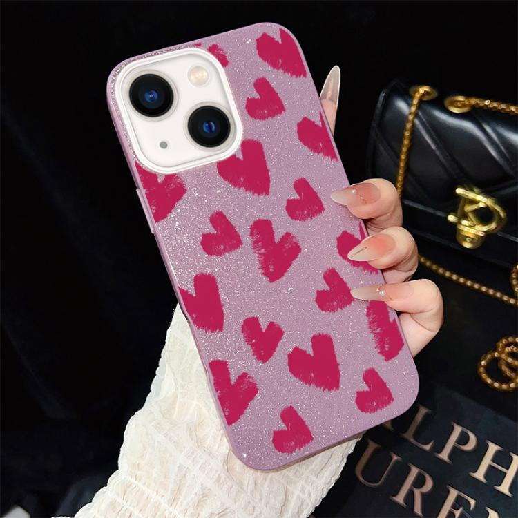 For iPhone 13 Rose Red Hearts Pattern IMD Glitter PC Hybrid TPU Phone Case