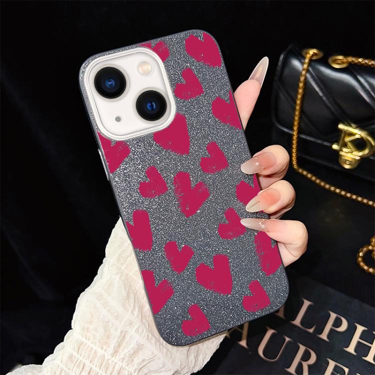 For iPhone 14 Plus Rose Red Hearts Pattern IMD Glitter PC Hybrid TPU Phone Case