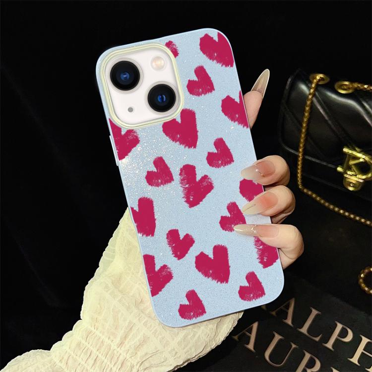 For iPhone 14 Plus Rose Red Hearts Pattern IMD Glitter PC Hybrid TPU Phone Case