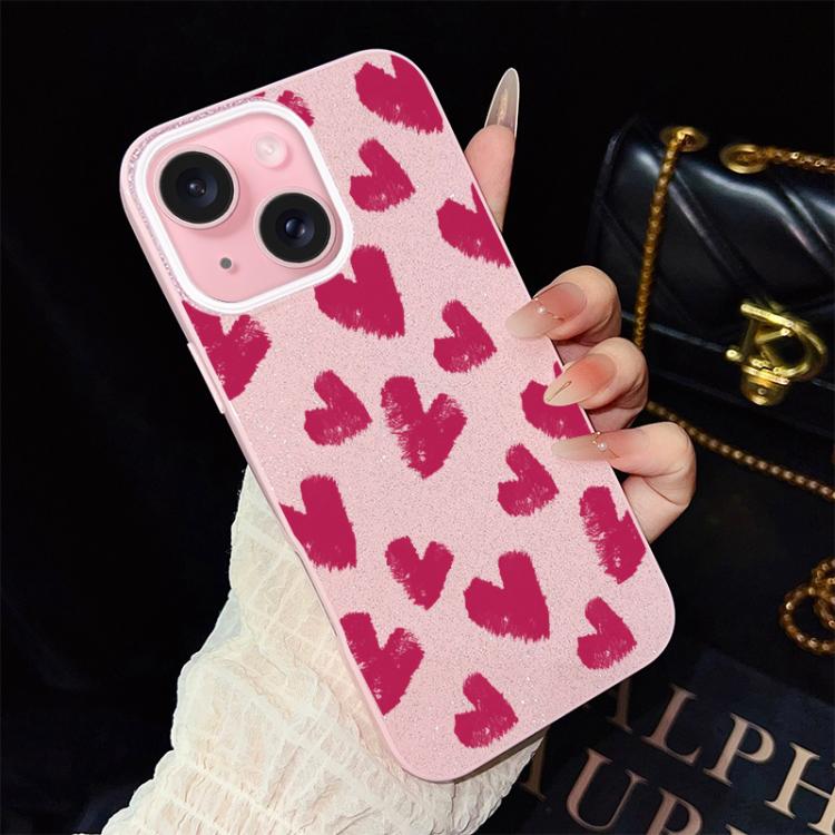 For iPhone 15 Rose Red Hearts Pattern IMD Glitter PC Hybrid TPU Phone Case