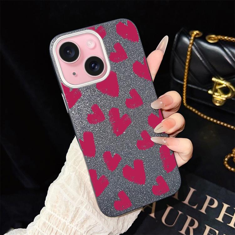 For iPhone 15 Plus Rose Red Hearts Pattern IMD Glitter PC Hybrid TPU Phone Case