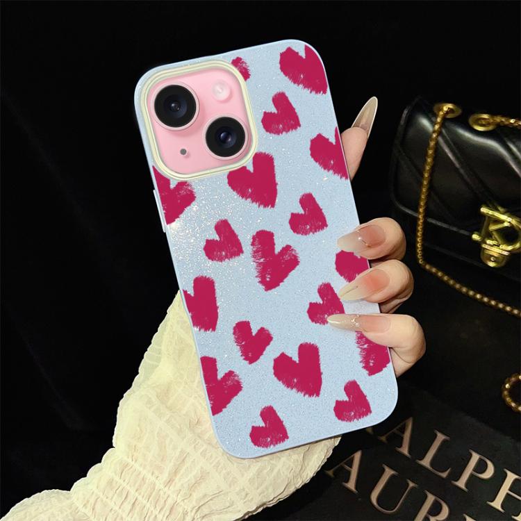 For iPhone 15 Plus Rose Red Hearts Pattern IMD Glitter PC Hybrid TPU Phone Case