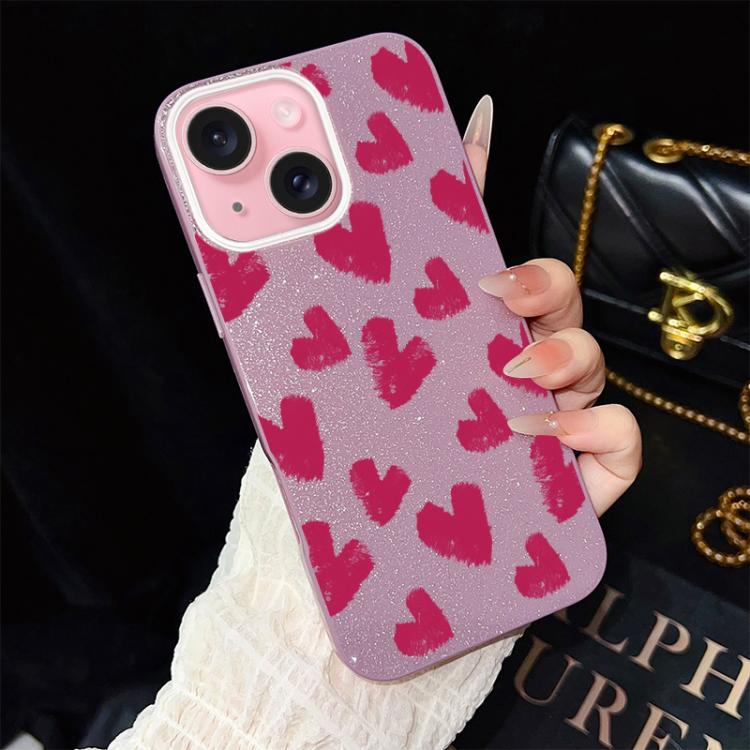 For iPhone 15 Plus Rose Red Hearts Pattern IMD Glitter PC Hybrid TPU Phone Case
