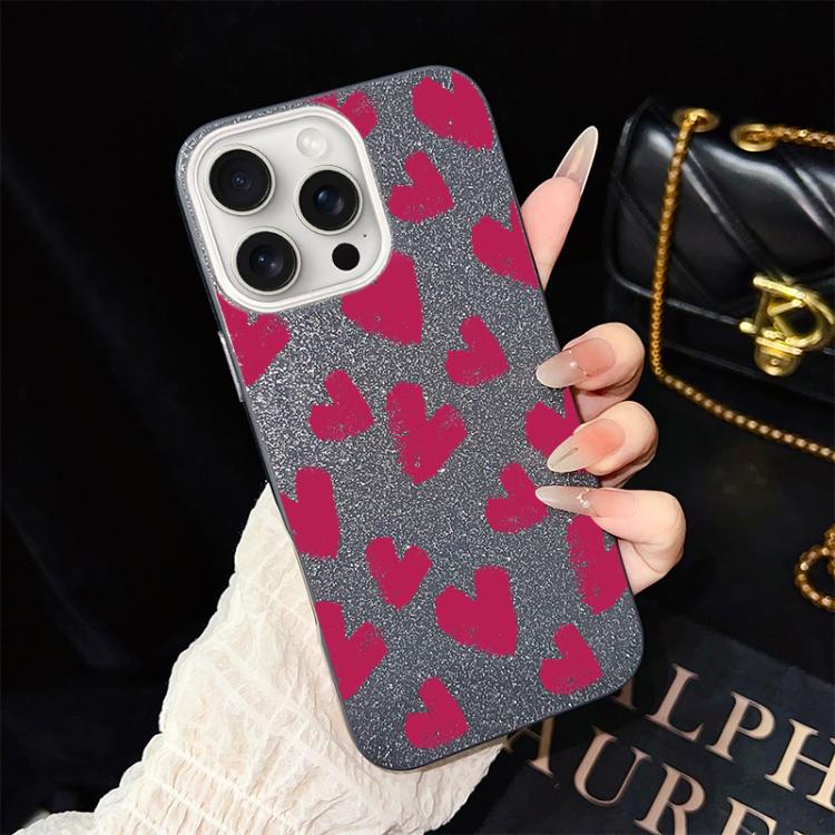 For iPhone 15 Pro Rose Red Hearts Pattern IMD Glitter PC Hybrid TPU Phone Case