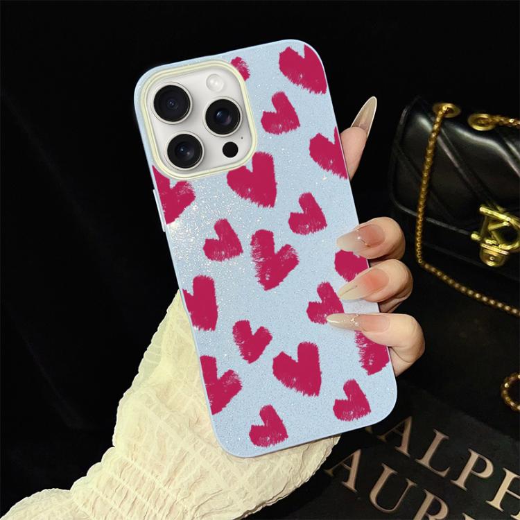 For iPhone 15 Pro Rose Red Hearts Pattern IMD Glitter PC Hybrid TPU Phone Case