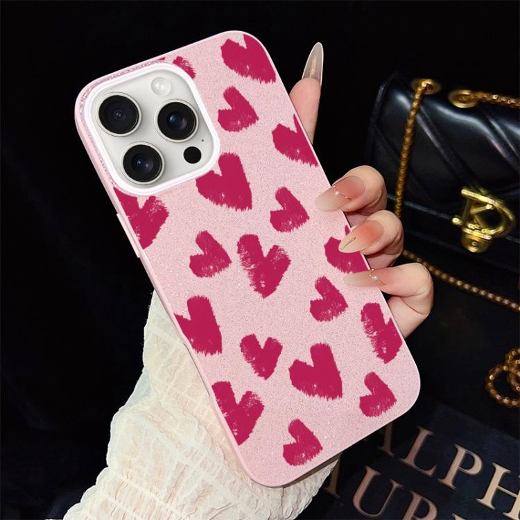 For iPhone 15 Pro Max Rose Red Hearts Pattern IMD Glitter PC Hybrid TPU Phone Case