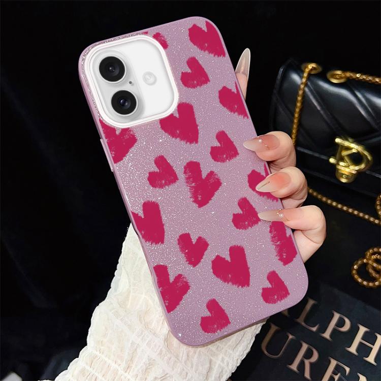 For iPhone 16 Rose Red Hearts Pattern IMD Glitter PC Hybrid TPU Phone Case
