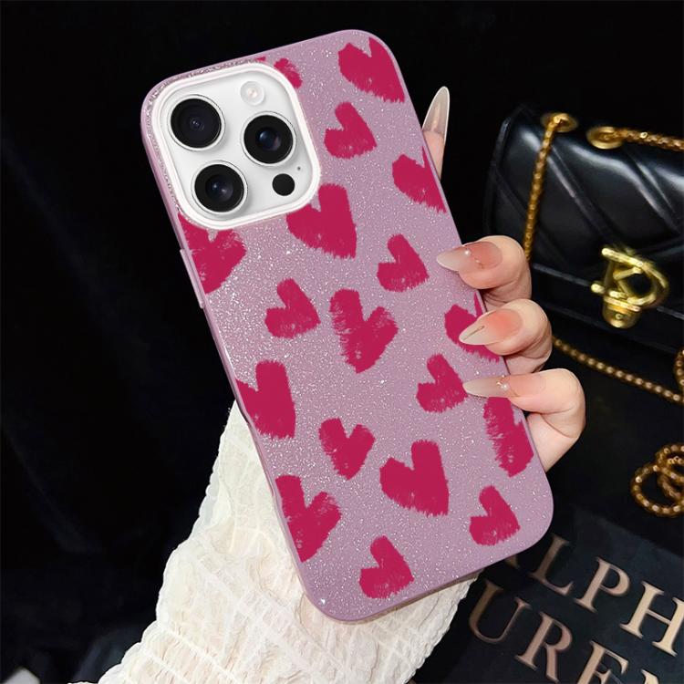 For iPhone 16 Pro Rose Red Hearts Pattern IMD Glitter PC Hybrid TPU Phone Case