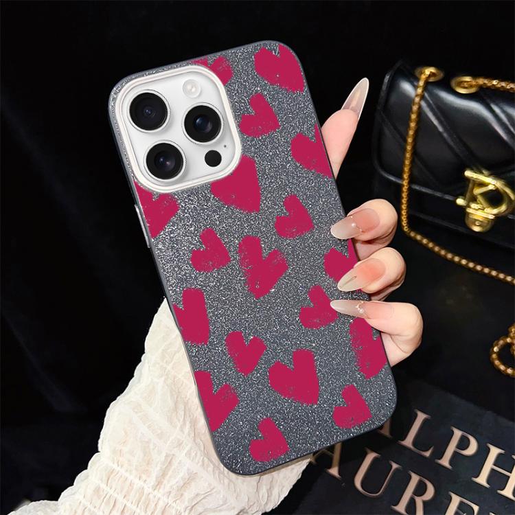 For iPhone 16 Pro Max Rose Red Hearts Pattern IMD Glitter PC Hybrid TPU Phone Case