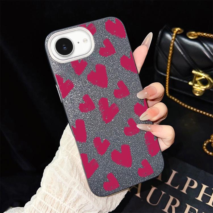 For iPhone 17e / 16e Rose Red Hearts Pattern IMD Glitter PC Hybrid TPU Phone Case