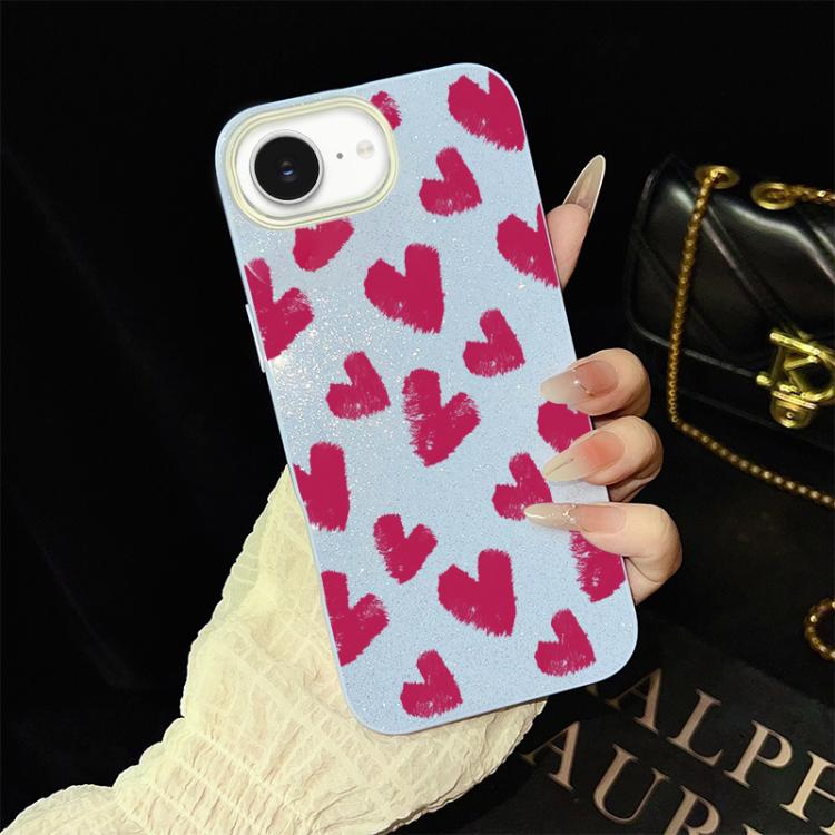 For iPhone 17e / 16e Rose Red Hearts Pattern IMD Glitter PC Hybrid TPU Phone Case