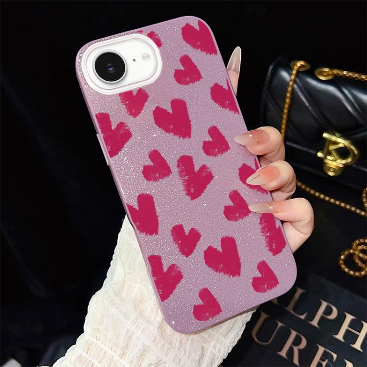 For iPhone 17e / 16e Rose Red Hearts Pattern IMD Glitter PC Hybrid TPU Phone Case