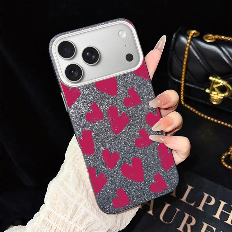 For iPhone 17 Pro Rose Red Hearts Pattern IMD Glitter PC Hybrid TPU Phone Case