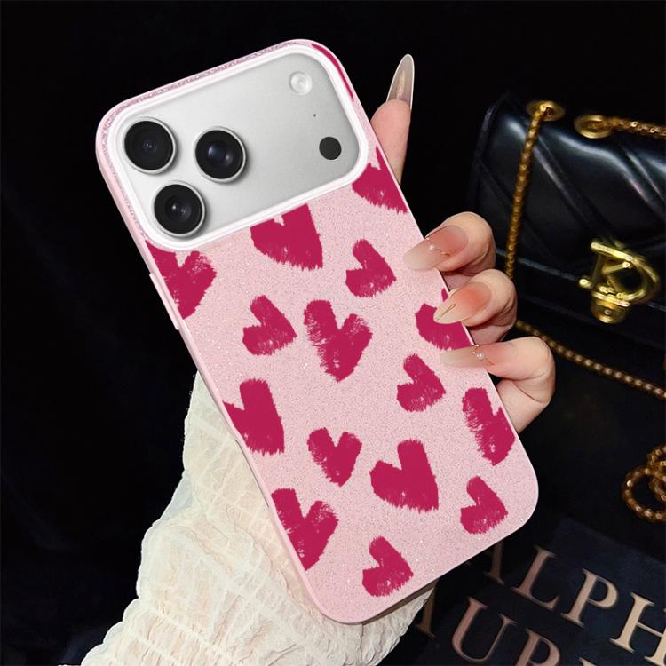 For iPhone 17 Pro Rose Red Hearts Pattern IMD Glitter PC Hybrid TPU Phone Case