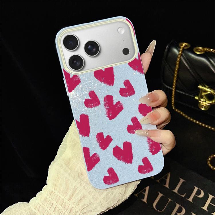 For iPhone 17 Pro Max Rose Red Hearts Pattern IMD Glitter PC Hybrid TPU Phone Case