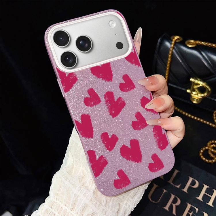 For iPhone 17 Pro Max Rose Red Hearts Pattern IMD Glitter PC Hybrid TPU Phone Case