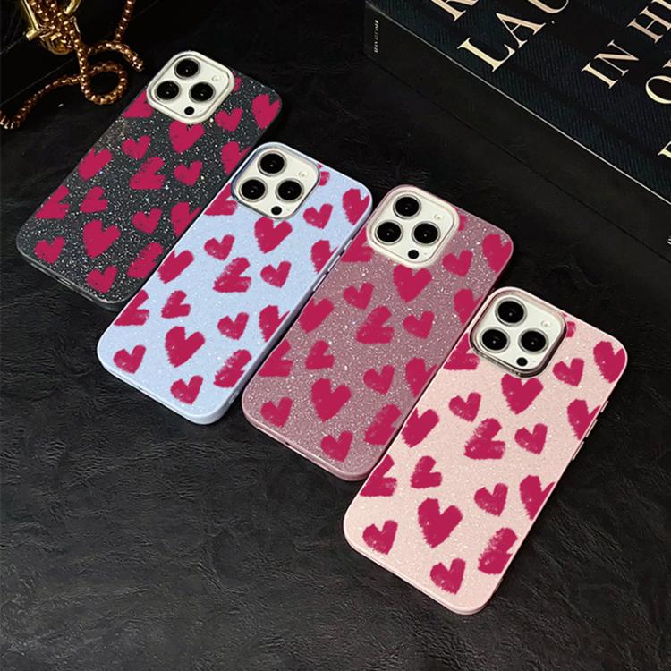 For iPhone 14 Pro Max Rose Red Hearts Pattern IMD Glitter PC Hybrid TPU Phone Case