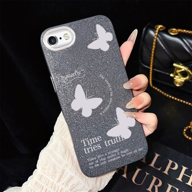 For iPhone 6 / 6s White Butterflies Pattern IMD Glitter PC Hybrid TPU Phone Case