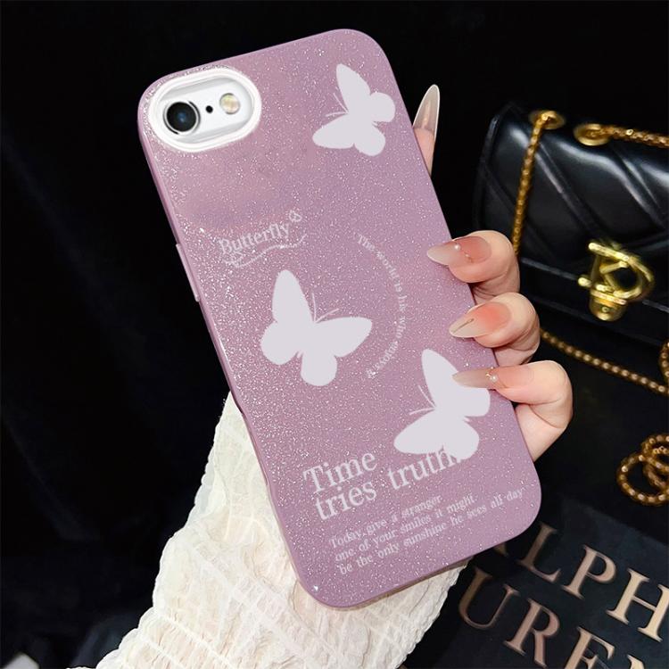 For iPhone 6 / 6s White Butterflies Pattern IMD Glitter PC Hybrid TPU Phone Case