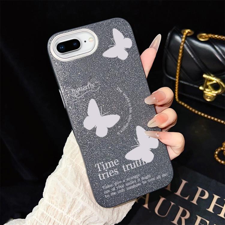 For iPhone 8 Plus / 7 Plus White Butterflies Pattern IMD Glitter PC Hybrid TPU Phone Case