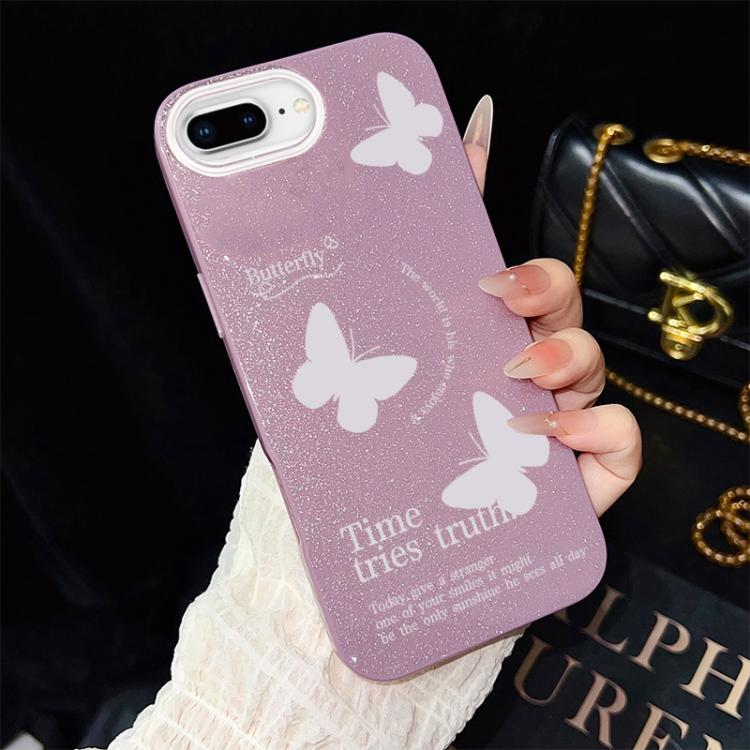 For iPhone 8 Plus / 7 Plus White Butterflies Pattern IMD Glitter PC Hybrid TPU Phone Case