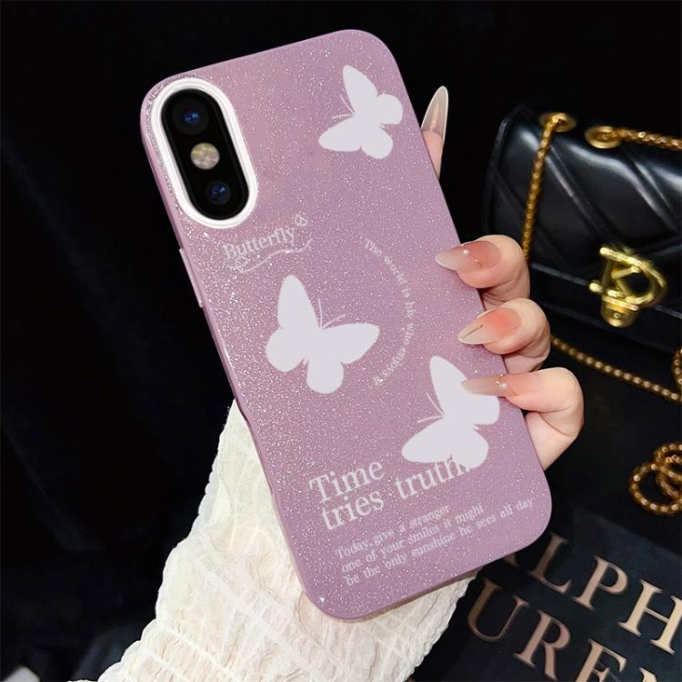 For iPhone XS / X White Butterflies Pattern IMD Glitter PC Hybrid TPU Phone Case