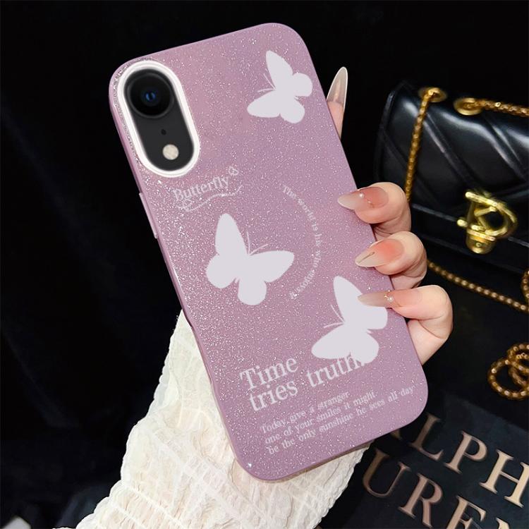For iPhone XR White Butterflies Pattern IMD Glitter PC Hybrid TPU Phone Case