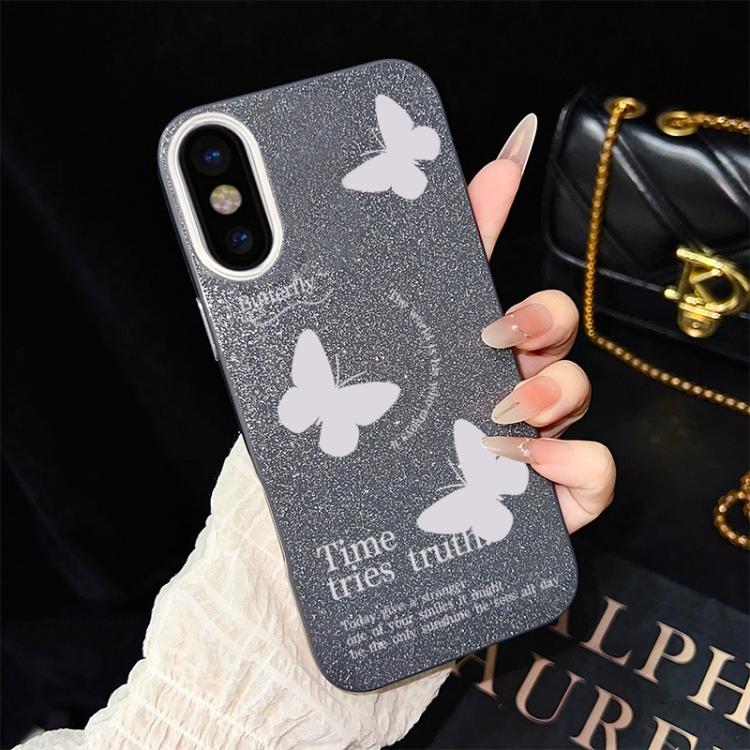 For iPhone XS Max White Butterflies Pattern IMD Glitter PC Hybrid TPU Phone Case