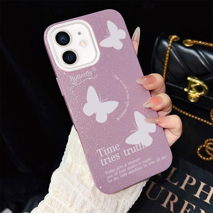 For iPhone 11 White Butterflies Pattern IMD Glitter PC Hybrid TPU Phone Case