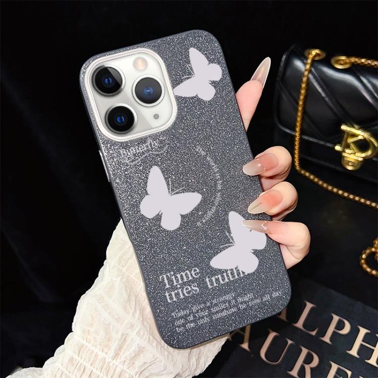 For iPhone 11 Pro White Butterflies Pattern IMD Glitter PC Hybrid TPU Phone Case