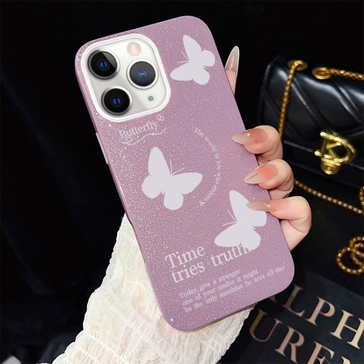 For iPhone 11 Pro Max White Butterflies Pattern IMD Glitter PC Hybrid TPU Phone Case