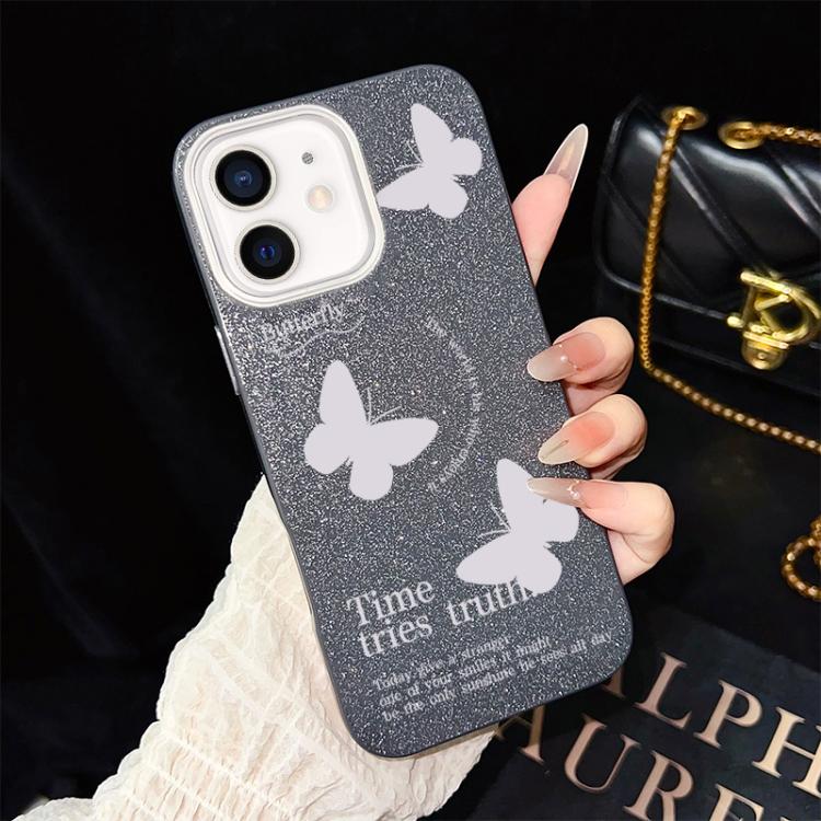 For iPhone 12 White Butterflies Pattern IMD Glitter PC Hybrid TPU Phone Case