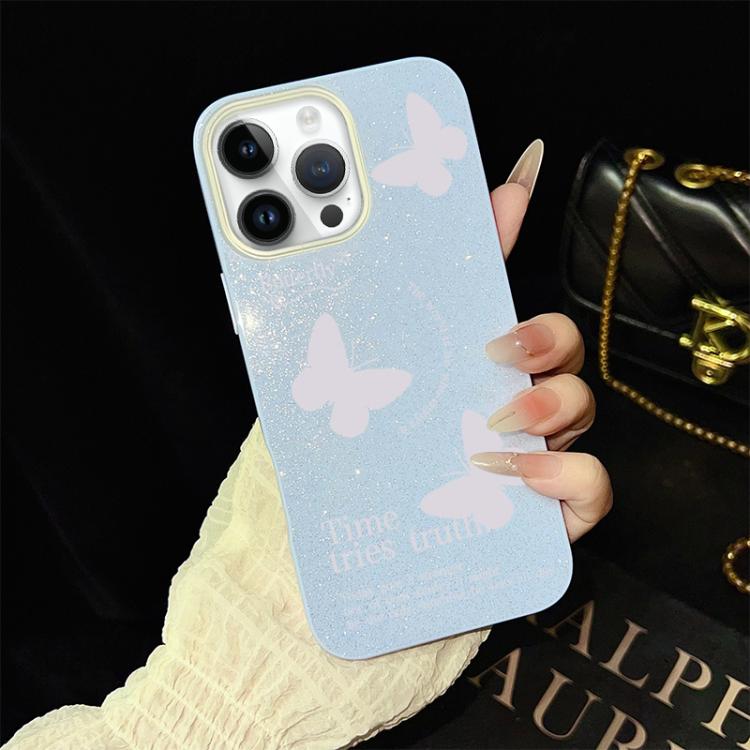 For iPhone 12 Pro Max White Butterflies Pattern IMD Glitter PC Hybrid TPU Phone Case
