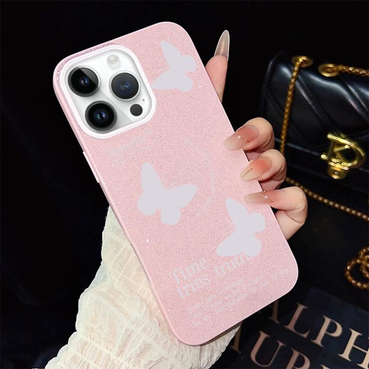 For iPhone 13 Pro White Butterflies Pattern IMD Glitter PC Hybrid TPU Phone Case