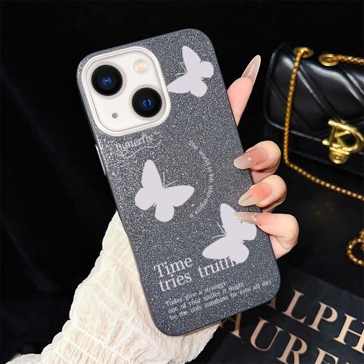 For iPhone 14 White Butterflies Pattern IMD Glitter PC Hybrid TPU Phone Case