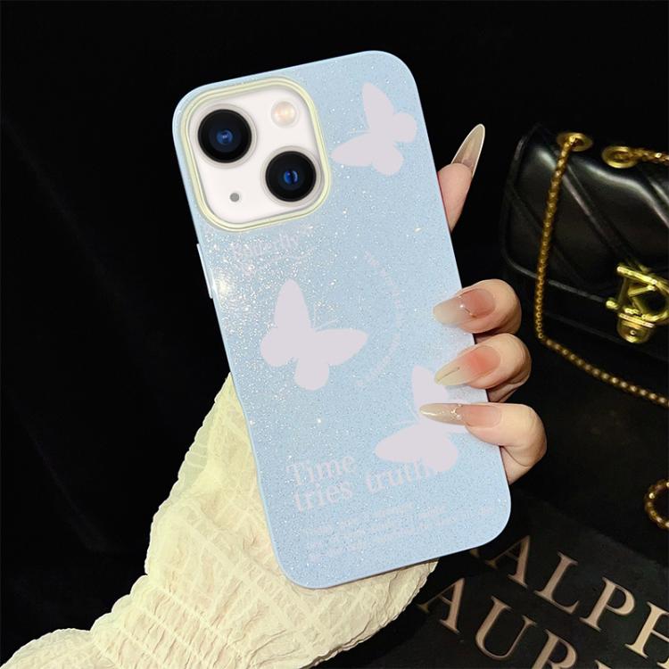 For iPhone 14 White Butterflies Pattern IMD Glitter PC Hybrid TPU Phone Case