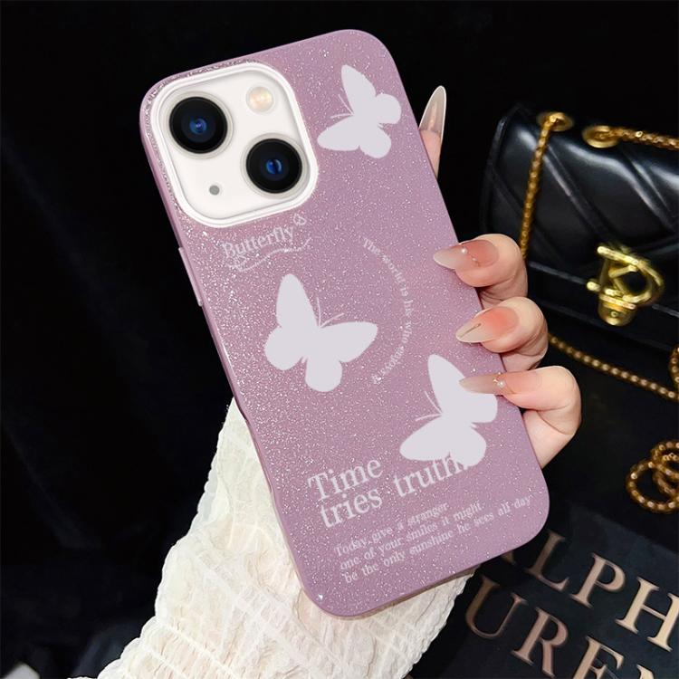 For iPhone 14 White Butterflies Pattern IMD Glitter PC Hybrid TPU Phone Case