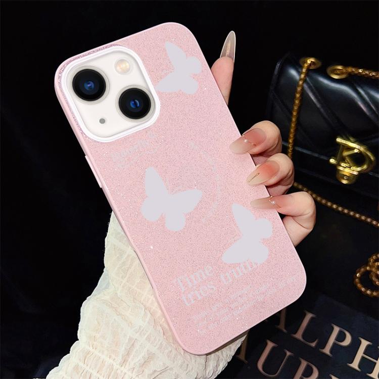 For iPhone 14 Plus White Butterflies Pattern IMD Glitter PC Hybrid TPU Phone Case
