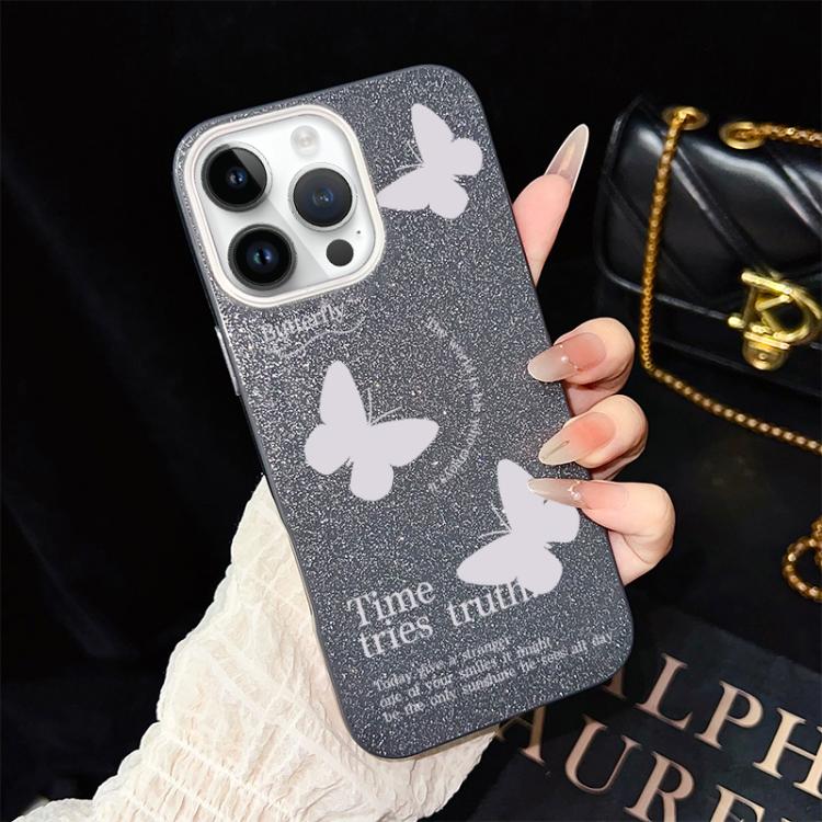 For iPhone 14 Pro Max White Butterflies Pattern IMD Glitter PC Hybrid TPU Phone Case