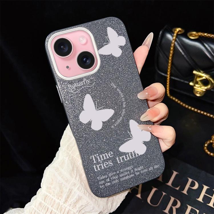 For iPhone 15 White Butterflies Pattern IMD Glitter PC Hybrid TPU Phone Case
