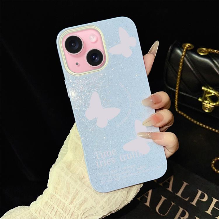 For iPhone 15 White Butterflies Pattern IMD Glitter PC Hybrid TPU Phone Case