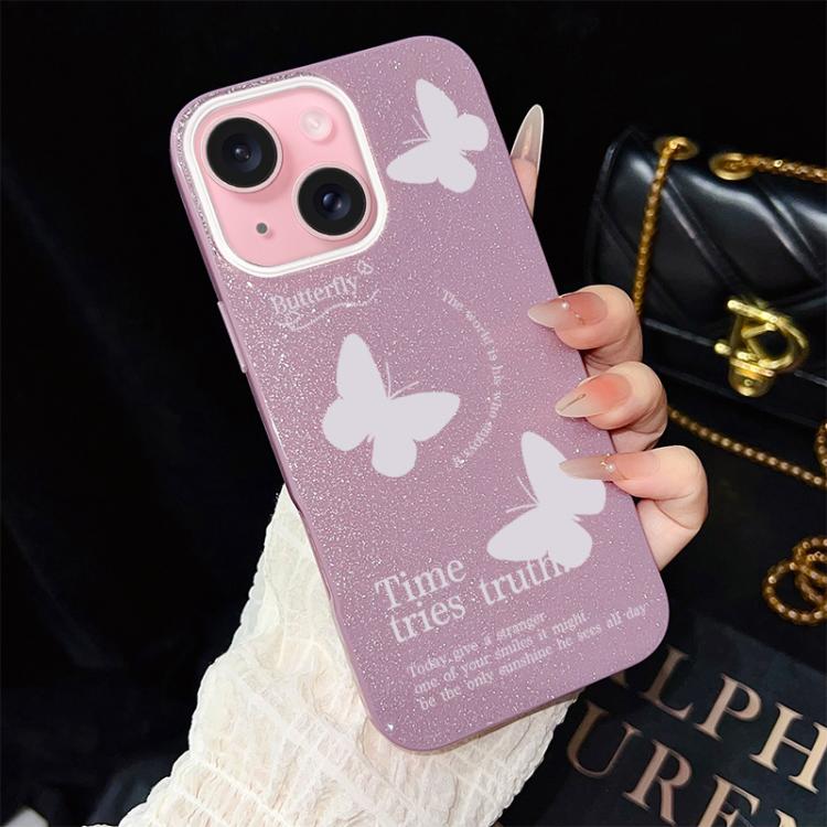 For iPhone 15 White Butterflies Pattern IMD Glitter PC Hybrid TPU Phone Case