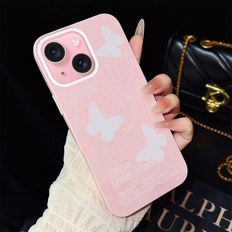 For iPhone 15 Plus White Butterflies Pattern IMD Glitter PC Hybrid TPU Phone Case