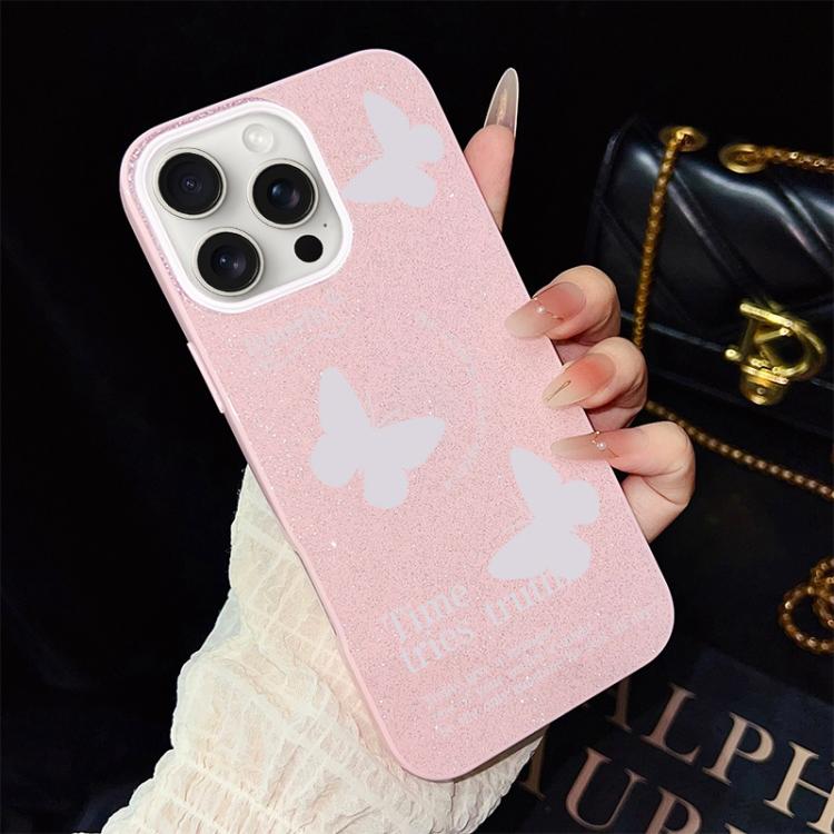 For iPhone 15 Pro Max White Butterflies Pattern IMD Glitter PC Hybrid TPU Phone Case