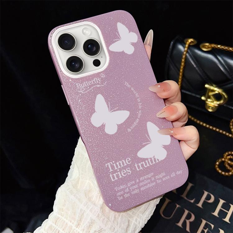For iPhone 15 Pro Max White Butterflies Pattern IMD Glitter PC Hybrid TPU Phone Case