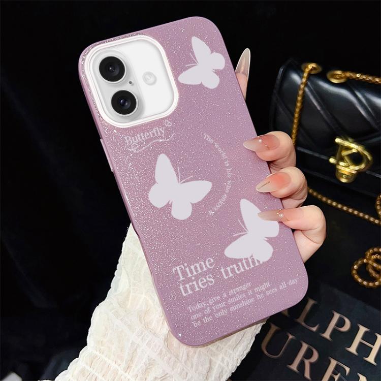 For iPhone 16 Plus White Butterflies Pattern IMD Glitter PC Hybrid TPU Phone Case