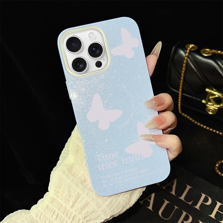 For iPhone 16 Pro White Butterflies Pattern IMD Glitter PC Hybrid TPU Phone Case