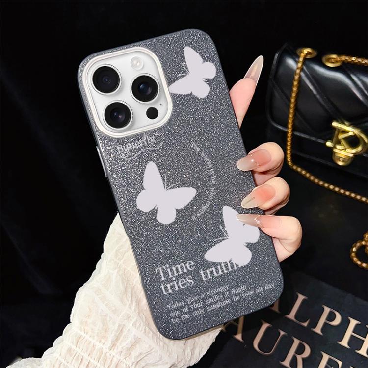 For iPhone 16 Pro Max White Butterflies Pattern IMD Glitter PC Hybrid TPU Phone Case