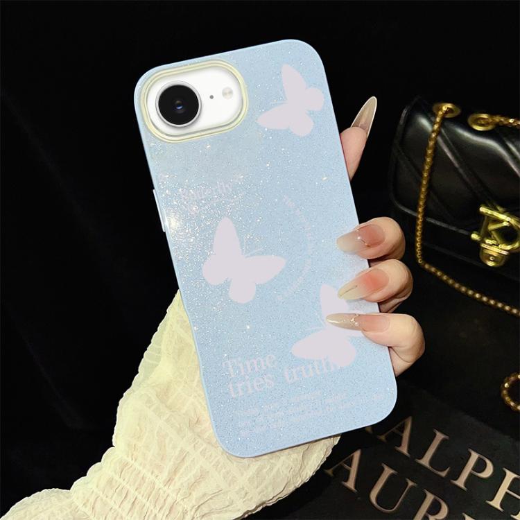 For iPhone 17e / 16e White Butterflies Pattern IMD Glitter PC Hybrid TPU Phone Case